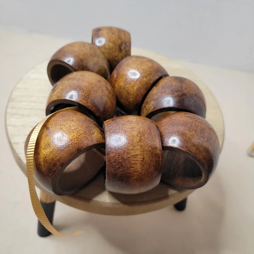 Vintage Solid Wood Napkin Rings Set of 8 Brown Round Rustic Boho Table Decor